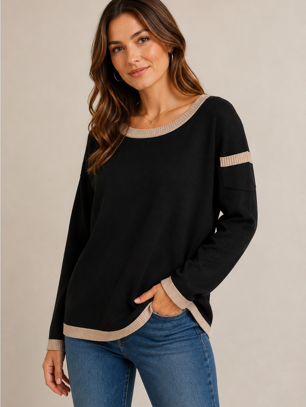 Relativity Black Knit Sweater with Taupe Trim